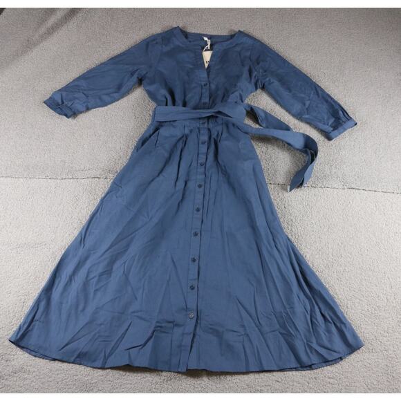 New Pact Dress Medium Blue Organic Cotton Sunset Lightweight Belted Midi Sample - Picture 1 of 15